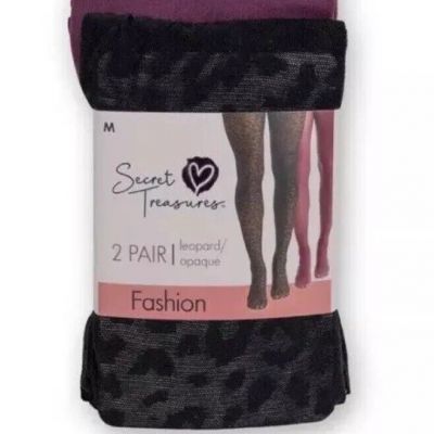 Secret Treasures Women's Wine Red Opaque & Black Leopard 2 Pack Tights Size M